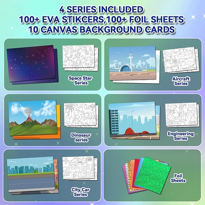 ATFUNSHOP Magical Foil Art Space Dinosaur Traffic Construction & Airplane - No Mess Foil Craft Kit for Kids Ages 4 5 6 7 8 9 Fun Creative DIY Activity, Ideal Birthday Gift for Boy