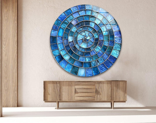My Photostation.com 15.8''(40cm) Diameter Blue Aqua Spiral Harmony Round Glass Wall Art Tempered Glass Printing Wall Decor Large Wall Art Wall Hangings