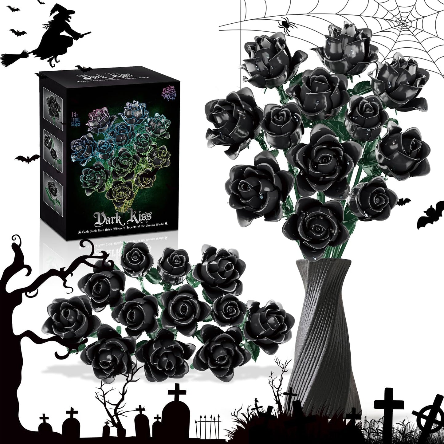 Black Roses Flower Building Set-12Pack, Compatible with Lego Bouquet for Adults,Gothic Horror Flowers Botanical, Gift for Halloween & Valentines Compatible with Lego Roses(585pcs)