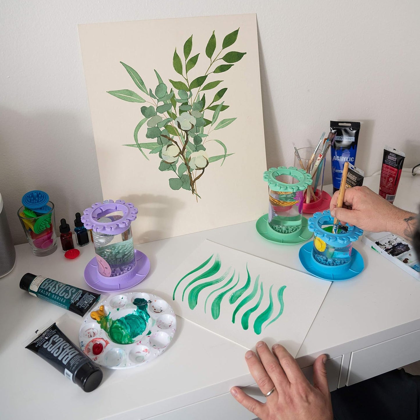 Paint Puck Ultimate Rinse Cup Paint Brush Cleaner (Blue, Jar) - Non-Spill Paint Water Cup & Brush Cleaner with Brush Holder, Squeegee Lips & Drip Tray for Acrylic, Watercolor & Art Supplies