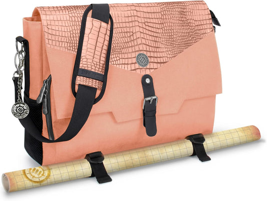 ENHANCE Collector's Edition RPG Player's Essentials DND Bag - Dragon Hide Exterior Messenger Bag Fits 2-4 Books, Binders, Dice & Accessories, with 17 inch Laptop Slot, Battlemap Straps (Dragon Pink)