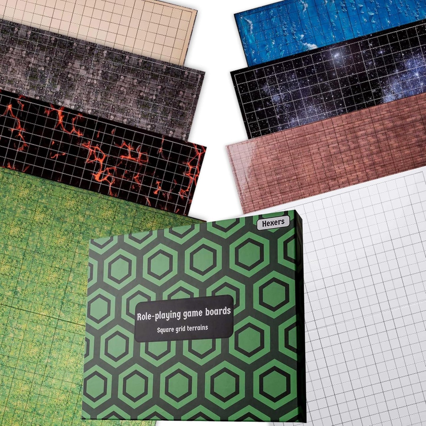 Hexers Role-Playing Game Board Mat, Square Grid Terrains, 8 Different terrains, Compatible with Dungeons and Dragons DND Pathfinder RPG, 27 on 23 inches, 1 inch Squares, Foldable & Dry Erase