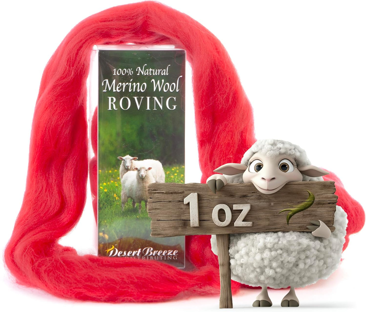 Desert Breeze Distributing 100% Natural Merino Wool Roving - Premium Combed Top Merino Roving Wool - Tapestry, Spinning, Wet Felting & Needle Felting Supplies - 21.5 Micron - 1 oz, Color Red