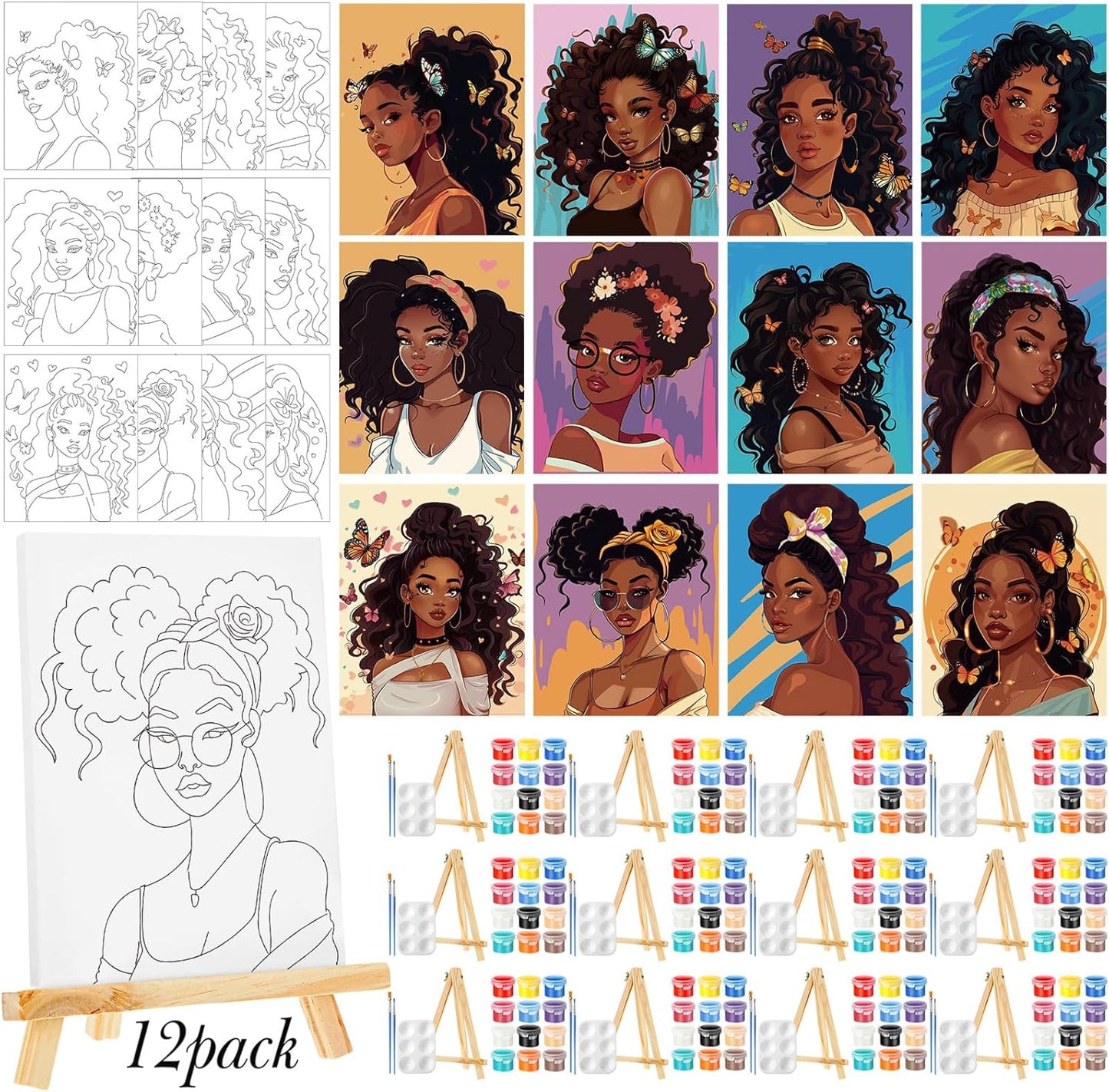 Zhanmai 12 Pack Pre Drawn Canvas for Painting Sip and Paint Kit 8" x 10" Paint Party Set Canvas Painting Pre Printed Canvases for Party Favor DIY Virtual Adult's Date Night(Charming Girl)