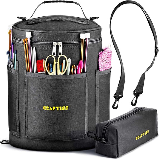 CRAFTISS Crochet Storage Bag - Christmas Gift - Best Durable Canvas Yarn Storage for Crochet Accessories - Yarn Organizer Knitting Bag with Knitting Accessories Case (Black)