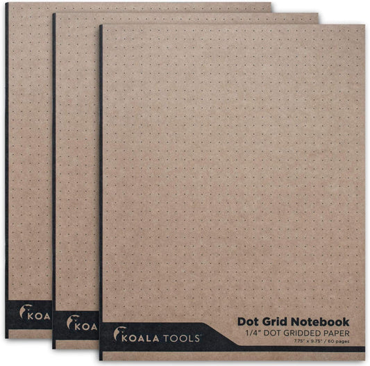 KOALA TOOLS | Large Bullet Notepad - Multi-Use Dot Grid Sketchbook (3 pack) | 7.75" x 9.75", 60 pp. - Durable Kraft Cover with 1/4" Dotted Grid