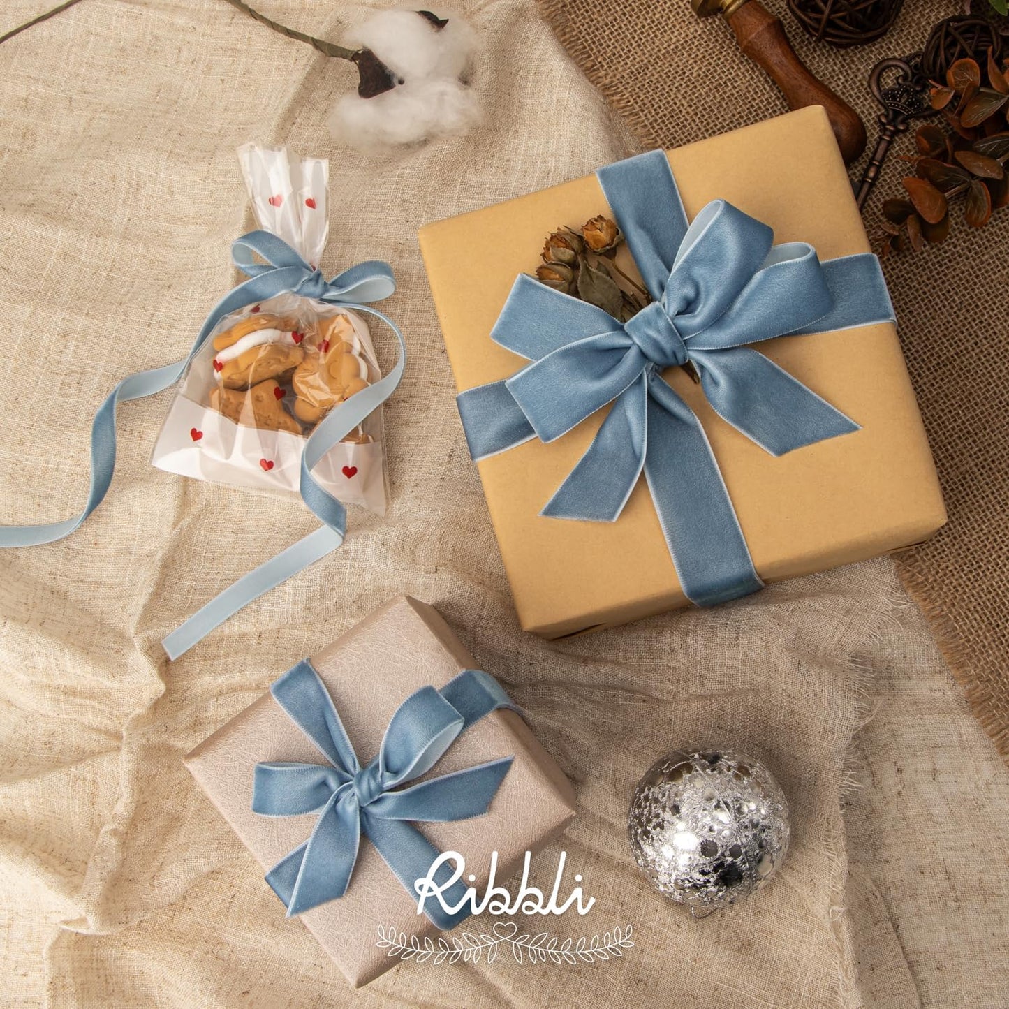 Ribbli Dusty Blue Velvet Ribbon 5/8 Inches Continuous10 Yard Spool Blue Christmas Ribbon for Gift Wrapping Crafts Home Decor