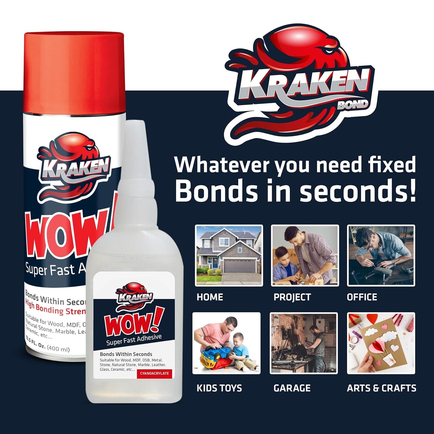 Kraken Bond Wow! CA Glue (1x3.50 oz) with Spray Adhesive Activator (1x13.50 fl oz) - Cyanoacrylate, with Activator, Fast CA Glue for Woodworking, Crazy & Craft - 1 Pack