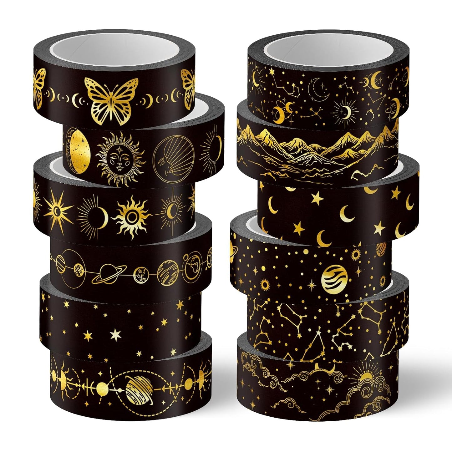 Whaline 12 Rolls Gold Foil Galaxy Washi Tape Black Gold Sun Moon Star Masking Tape Set Decorative Wrapping Paper Tapes for Scrapbook Journal DIY Art Crafts
