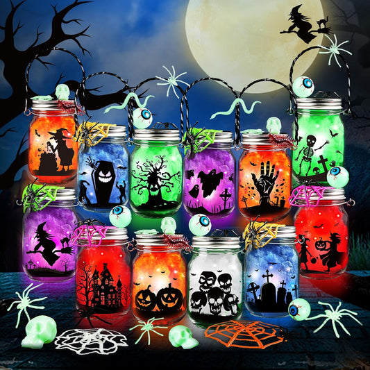 SpringFlower Halloween DIY Arts and Crafts Kits，12 Pcs Glass Mason Jar with Accessories for DIY Lantern Jar, Art & Craft Party Supplies for Classroom Kids