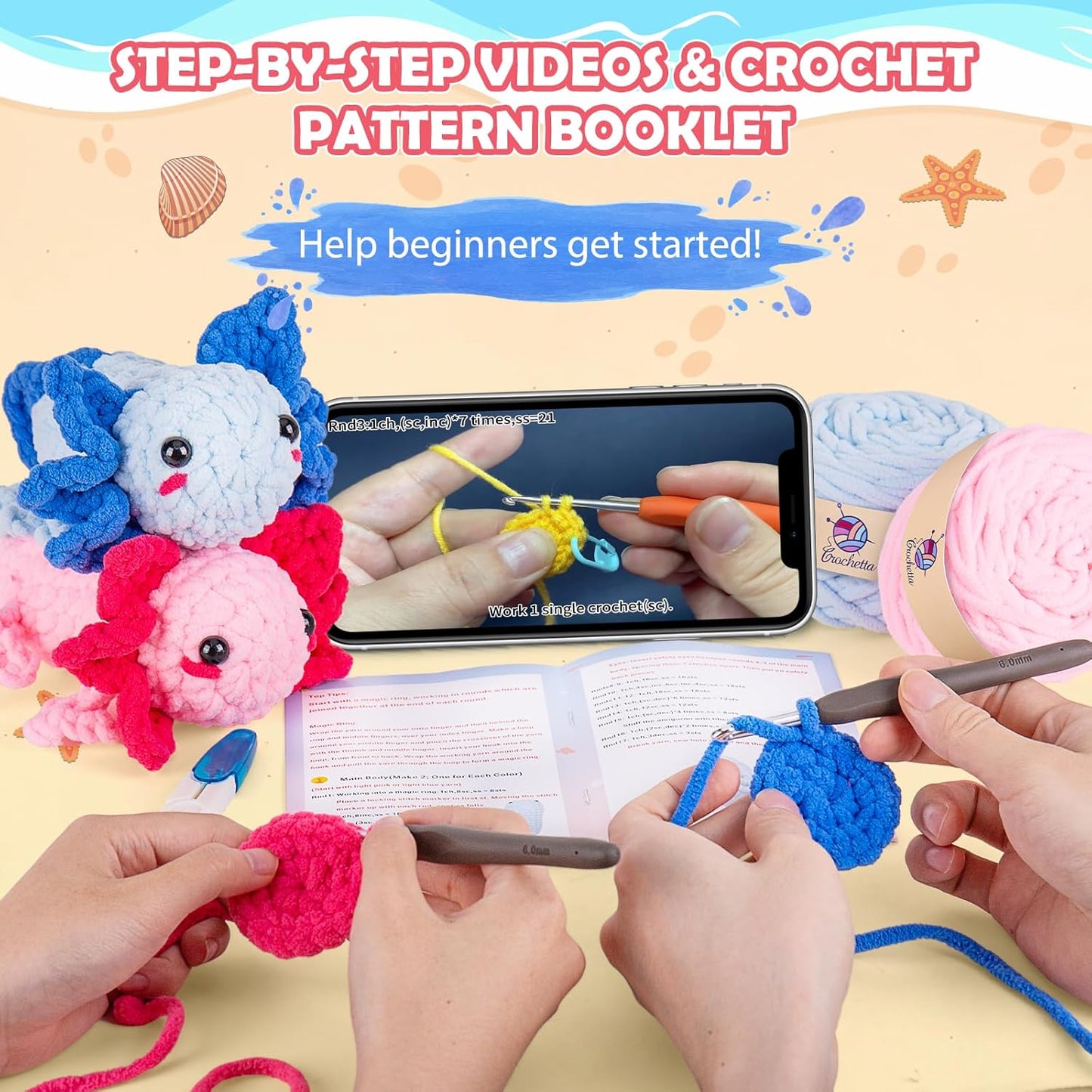 Crochetta Crochet Kit for Beginners, Crochet Starter Kit w Step-by-Step Video Tutorials, Beginner Crochet Kit for Adults Kids Women Men Complete Kit Included (2 Axolotls)