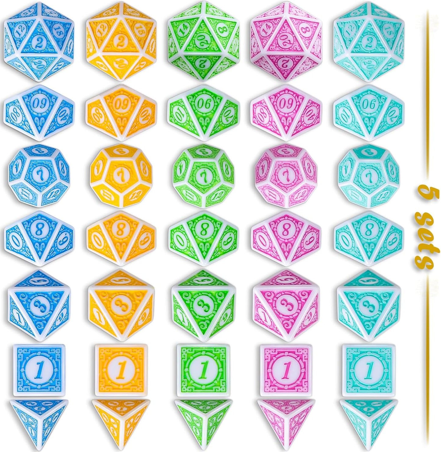 CiaraQ DND Dice with 5 Pouches, 5 Sets of Retro Polyhedral Dice for MTG D&D Board Games, 35 Pieces Role Playing Dice