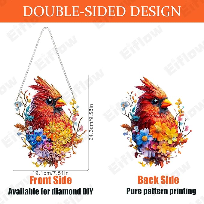 Eiflow Acrylic Diamond Art Hanging Kit for Adults Cardinal Bird, DIY Diamonds Painting Door Hanger Board Kit, Special Crystal Diamond Art Painting Pendant Ornament