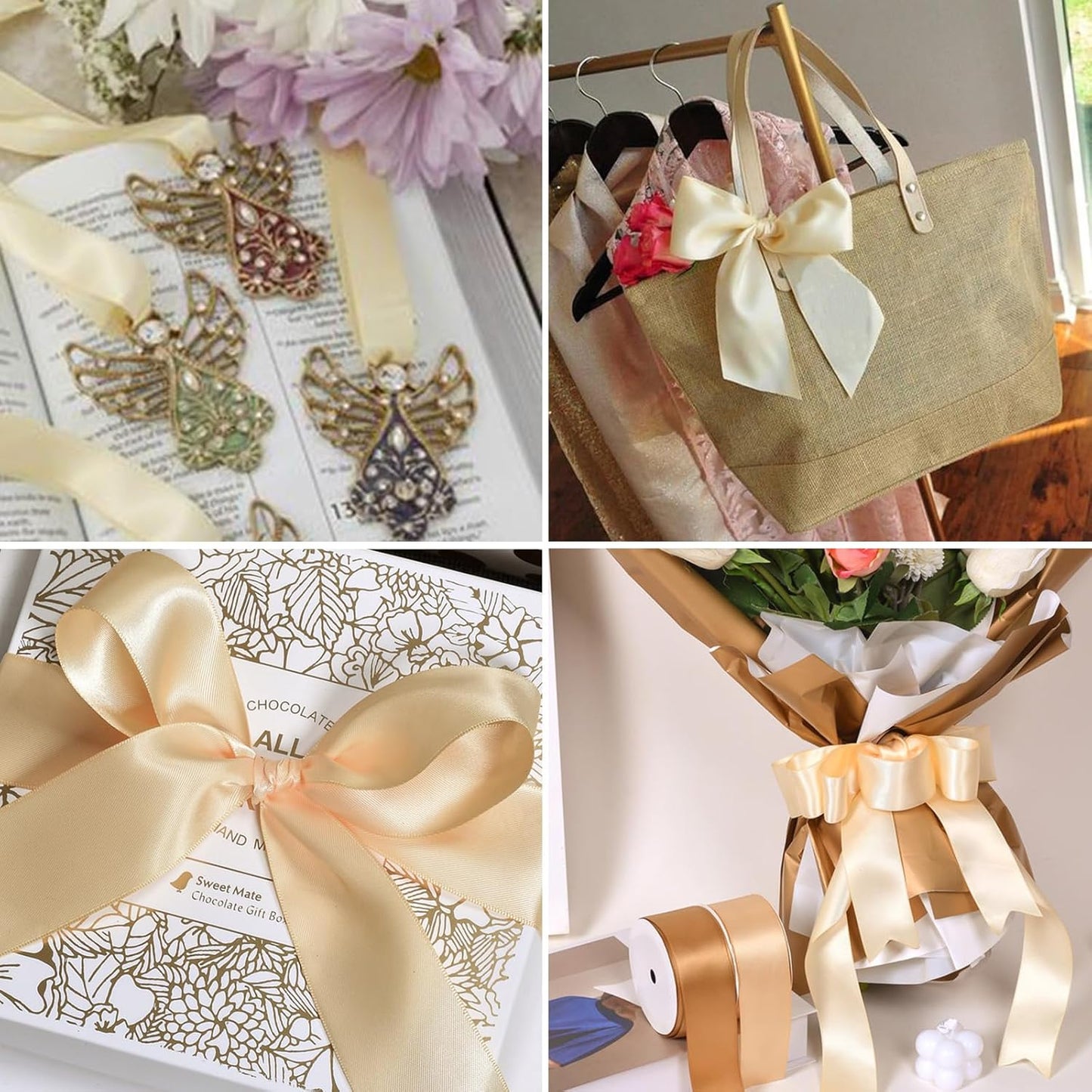 1/4" x 100 Yards Champagne Polyester Satin Ribbon Single Faced Bulk Fabric Ribbons for Gift Wrapping, Crafting and DIY Projects, Hair Accessories, Tiny Bows