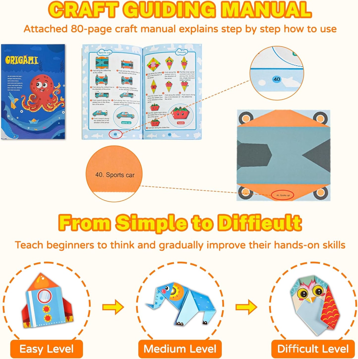 Craft Origami Paper for Kids,204 Sheets Colorful Folding Paper with 72 Patterns and Guiding Book Art Projects Kit for 5-12 Years Old Girl Boy Teen Birthday Christmas Present Preschool Educationa