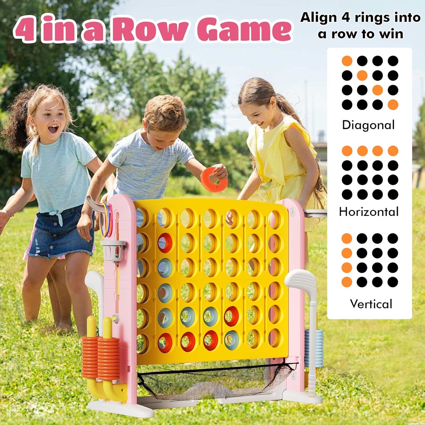 Ancaixin Giant 4 in-A-Row Connect Game Set, Adjustable Height Jumbo Yard Game with Basketball Hoop, Golf, Mesh Pocket & Ring Toss, Indoor Outdoor Family Backyard Party Game for Kids and Adults, Yellow