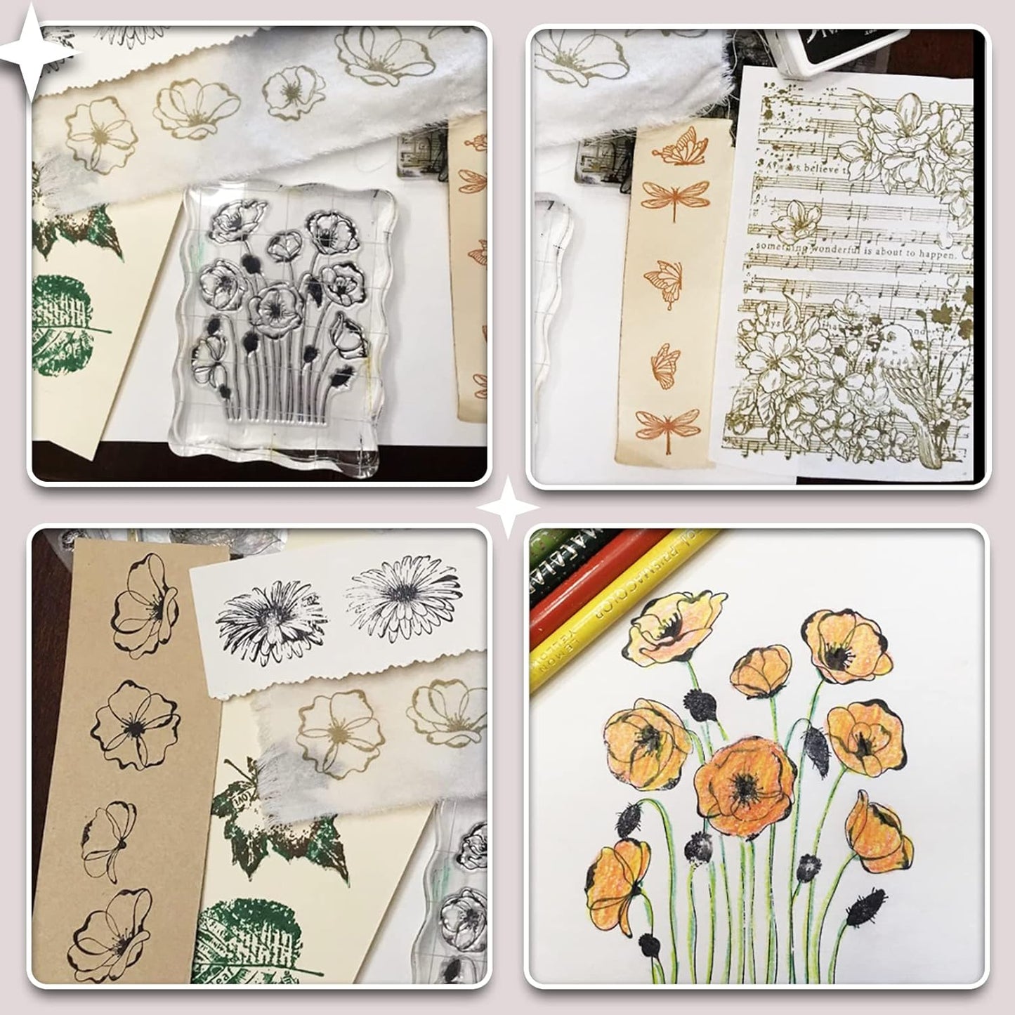 ORIGACH 9 Sheets Plants and Flowers Clear Stamps Silicone Transparent Stamps for Card Making Decoration and DIY Scrapbooking