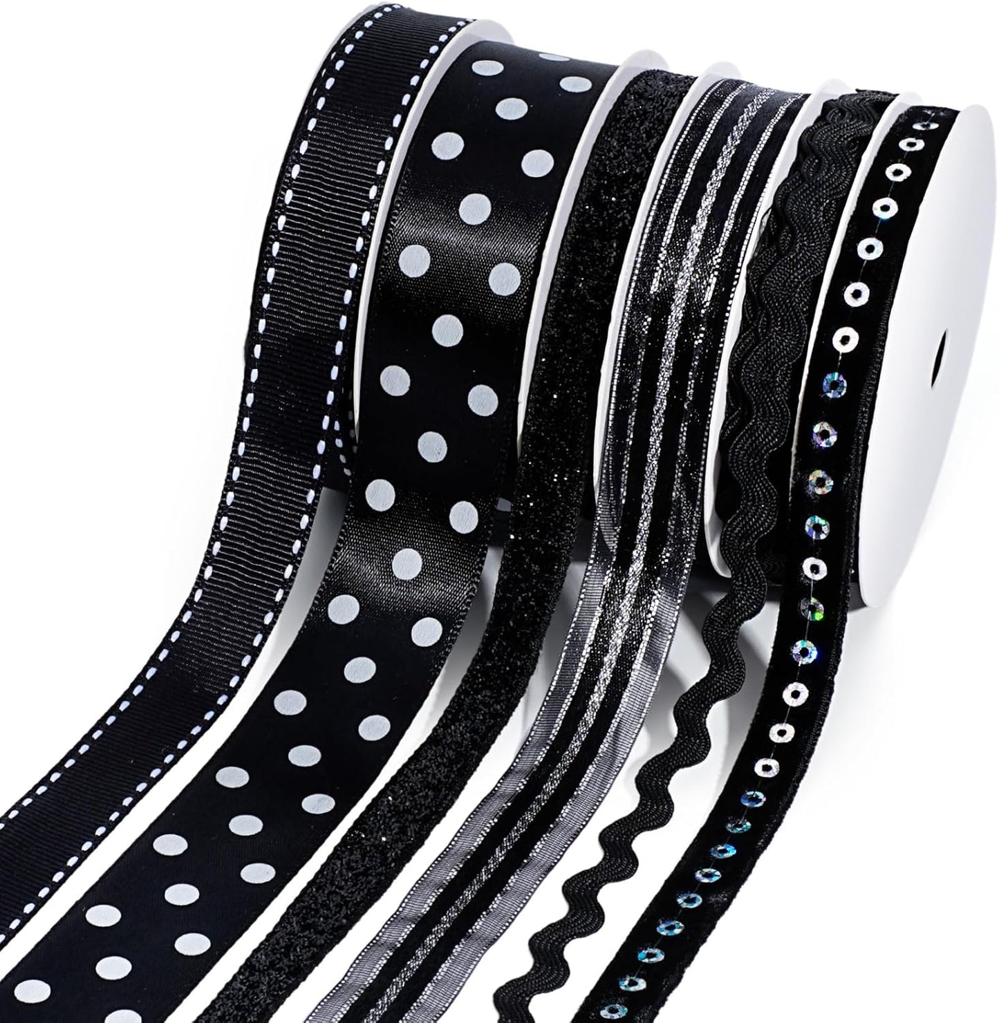 LaRibbons Black Ribbons for Crafts 6 Rolls Assorted Black Ribbons with Polka Dots, Glitter and Sequins for Gift Wrapping, DIY Crafts, Hair Bows, Sewing and Party Decorations, 30 Yards