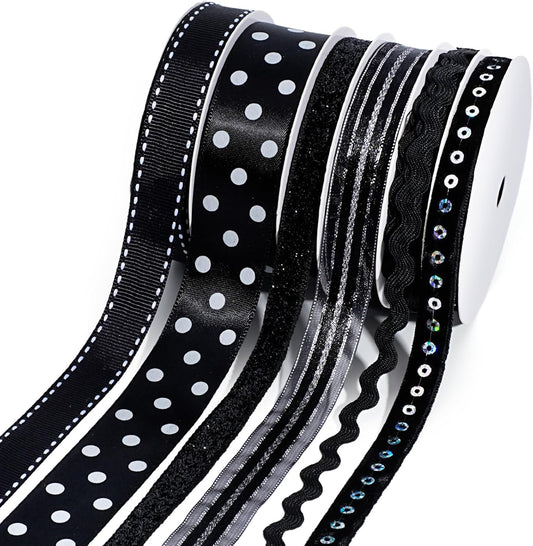 LaRibbons Black Ribbons for Crafts 6 Rolls Assorted Black Ribbons with Polka Dots, Glitter and Sequins for Gift Wrapping, DIY Crafts, Hair Bows, Sewing and Party Decorations, 30 Yards