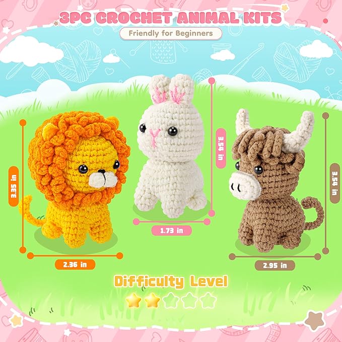 Fortuning's JDS Crochet Kit for Beginners, Amigurumi Crochet Animal Kits, Crocheting Kit for Starters Adult Kids with Step-by-Step Video Tutorials, Animal Kits with Highland Cow, Lion, Bunny