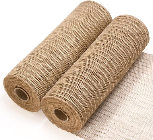 Koopi Deco Mesh 10 inch x 30 feet Each Roll, Set of 2 Tan Burlap with Champagne Metallic Foil Poly Mesh Ribbons for Wreaths, Swags, Craft, Party and Decorating Supplies- 2 Rolls