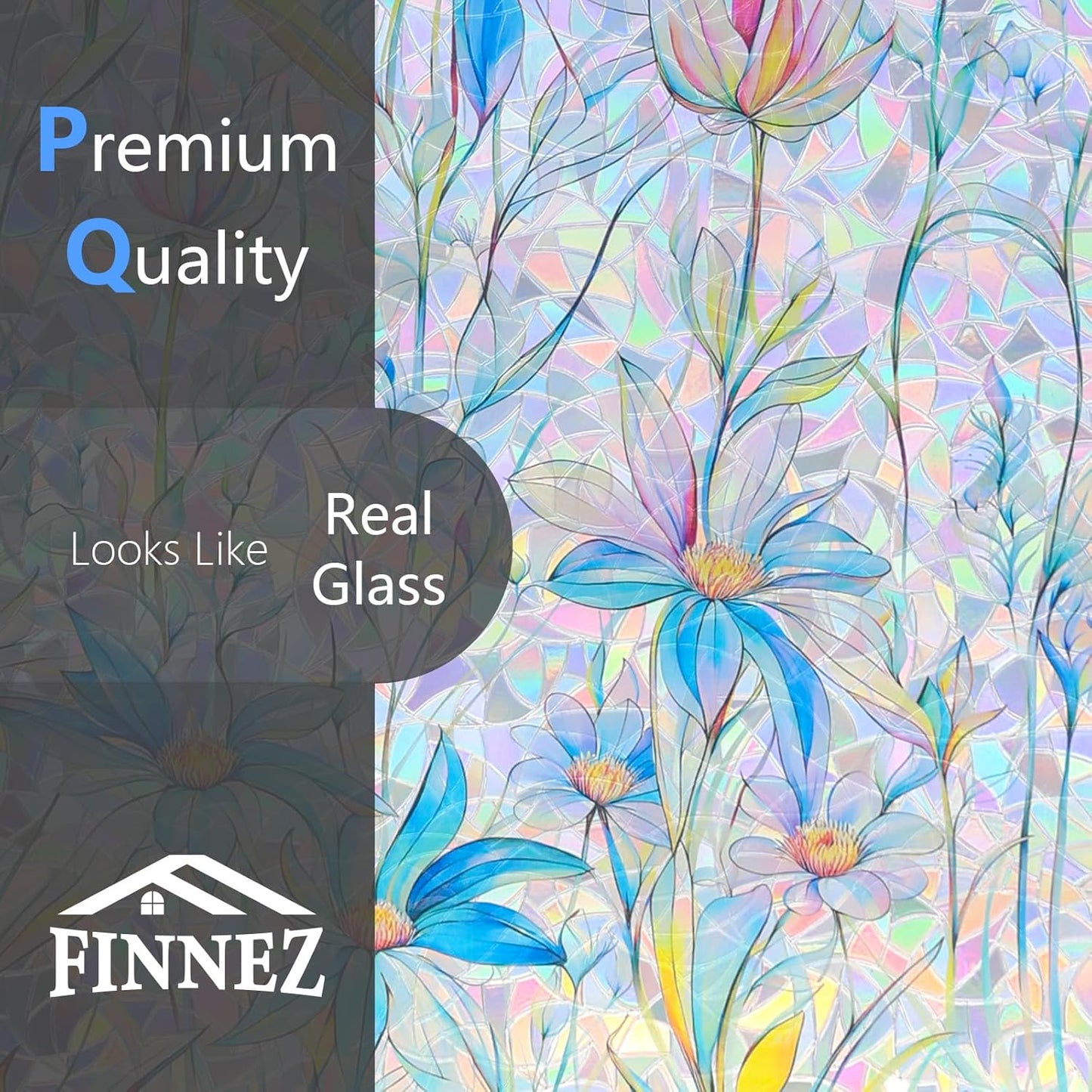 FINNEZ Window Privacy Film Stain Glass Film Flowers Rainbow Window Film Window Clings Non-Adhesive Reusable Decorative for Home（Blue Lotus，45.2 Inch x 6.5 Feet）