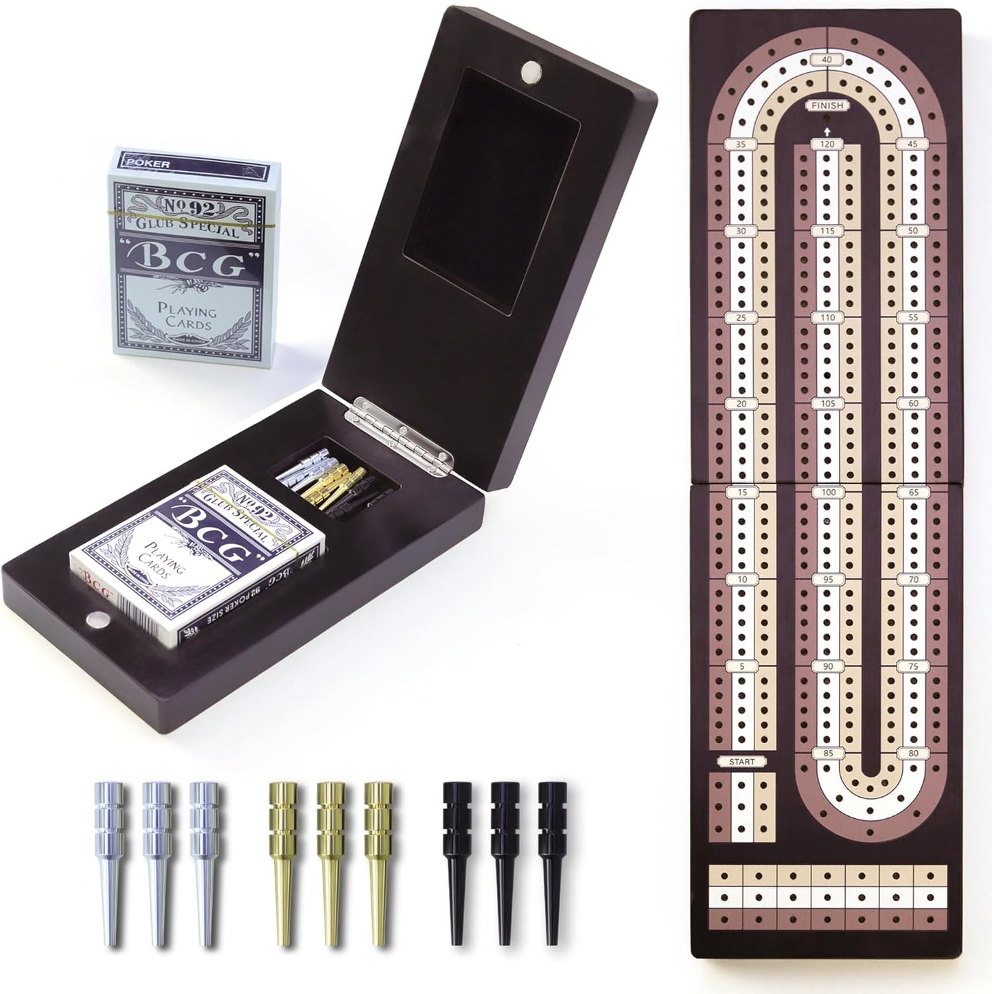 Cribbage Board Game Set - Wooden Foldable 3-Track Board with Magnetic Closure, 9 Metal Pegs, Playing Cards, Portable Family Travel Game for Gatherings and Gifts