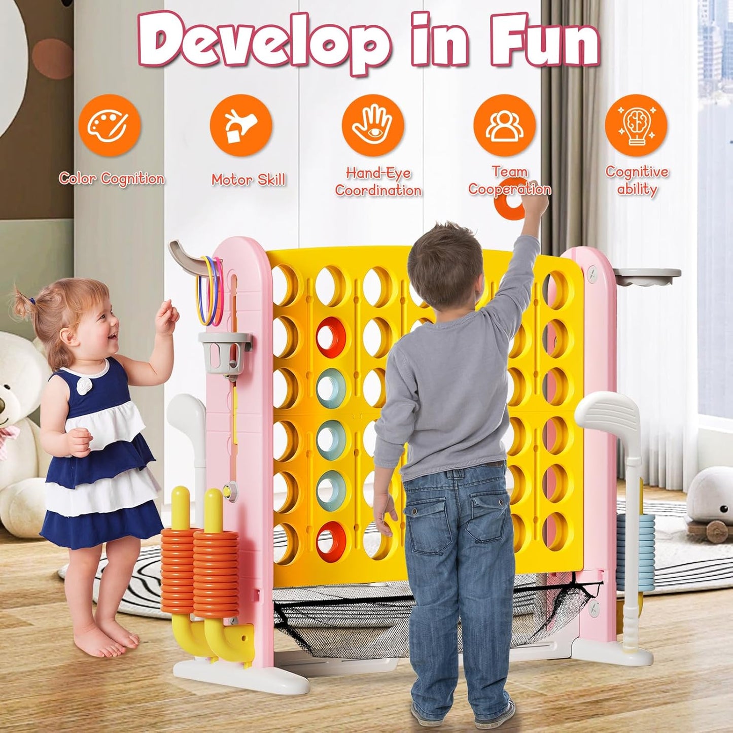 Ancaixin Giant 4 in-A-Row Connect Game Set, Adjustable Height Jumbo Yard Game with Basketball Hoop, Golf, Mesh Pocket & Ring Toss, Indoor Outdoor Family Backyard Party Game for Kids and Adults, Yellow