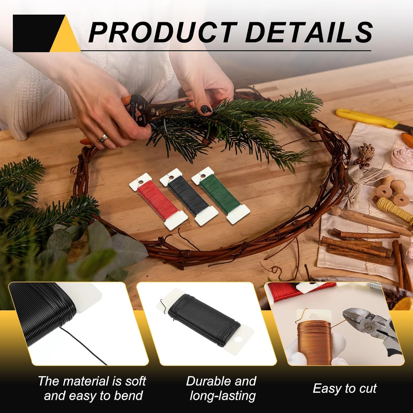 MECCANIXITY 114 Yards/345 Feet Metal Floral Wire 21 Gauge Black Flexible Paddle Thin Floral Wires for Craft, Christmas Wreath, Flower Arrangement, Wedding, Total 3 Roll