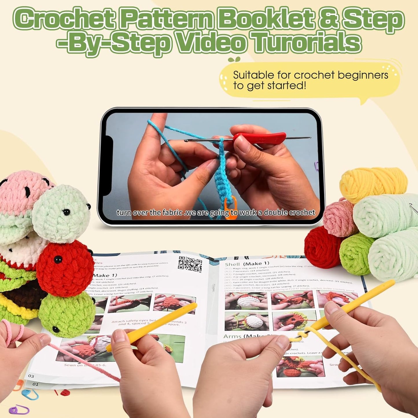DetFinns Crochet Kit for Beginners, Crochet Starter Kits with Step-by-Step Video Tutorials, DIY Craft Kits Knitting Supplies for Kids, Adults, Beginners, 5 Packs Turtle Party (40%+ Yarn)