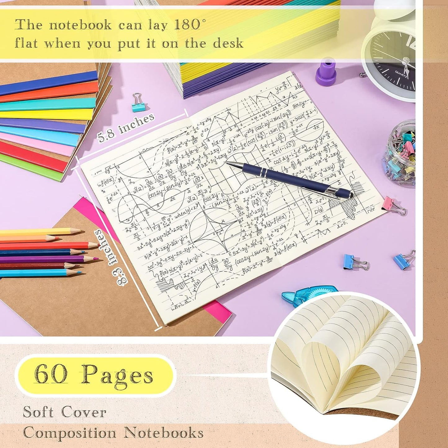 Handepo 100 Pack Composition Notebooks A5/A6 Ruled Lined Composition Kraft Notebooks Bulk Soft Cover Journals Travel Diary Memo for Students Classroom Office Supplies(A5,Colourful)