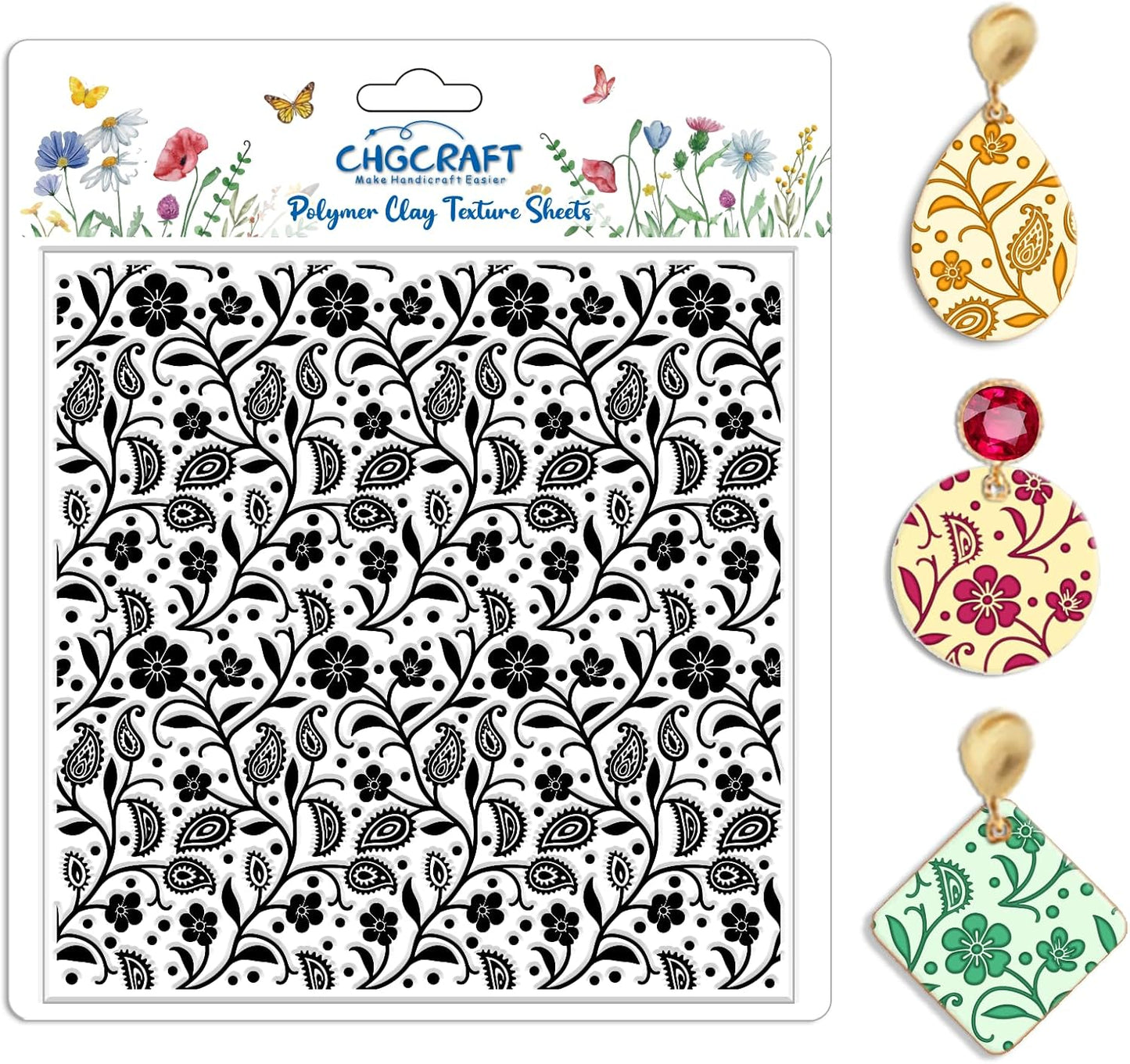 CHGCRAFT Paisley Pattern Polymer Clay Texture Sheet Vines Vintage Flowers Silicone Texture Mat for Polymer Clay Making Earrings Jewelry DIY Crafts 5.5 × 5.5 Inch