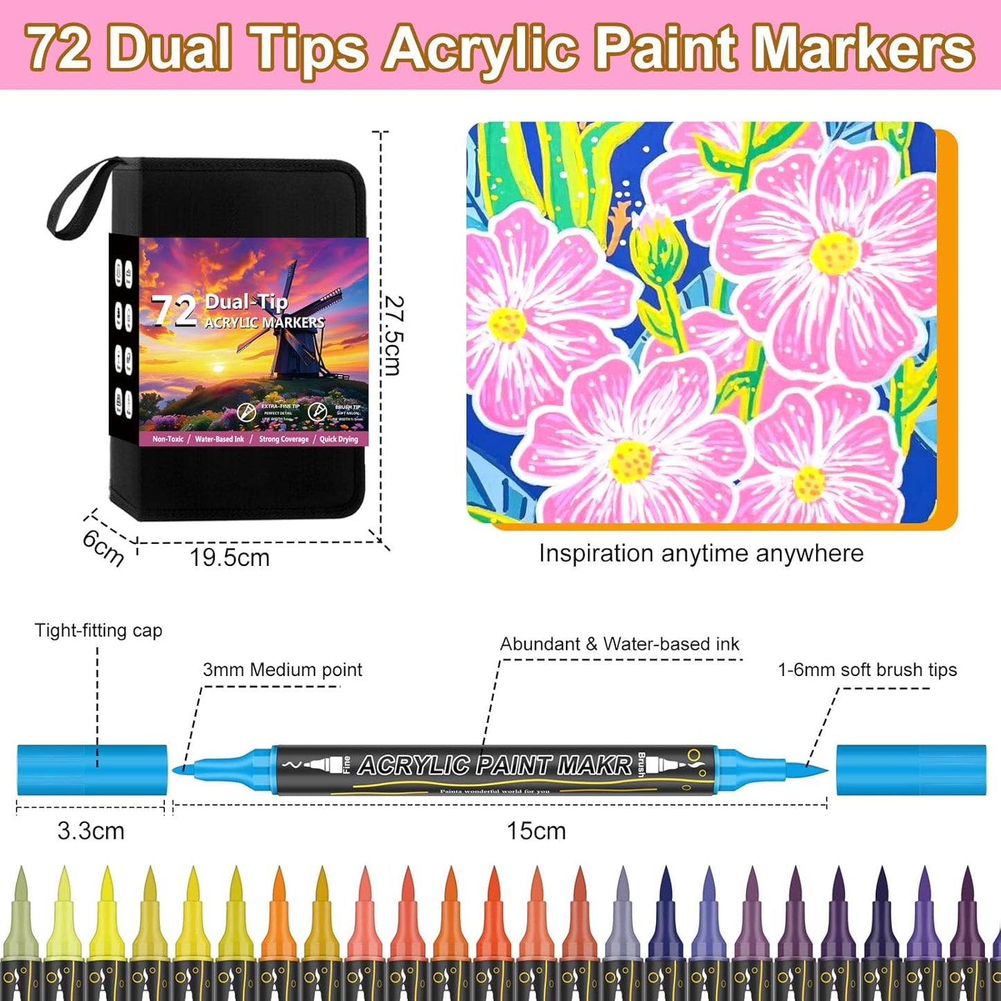72 Colors Dual Tip Acrylic Paint Markers，Waterproof, Non-Toxic, Odorless Acrylic Markers Pens，Paint Pens & Paint Markers for Rock, Wood, Glass, Stone, Canvas, Ceramic, Fabric and Paper Painting