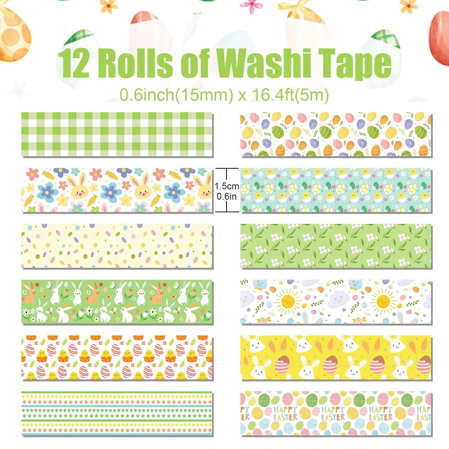 12 Rolls Summer Washi Tape, Green Plaid Colorful Floral Masking Tape, Cute Animal Decorative Sticker for Summer Scrapbook Journal DIY Craft Birthday Gift Wraps 16.4FT