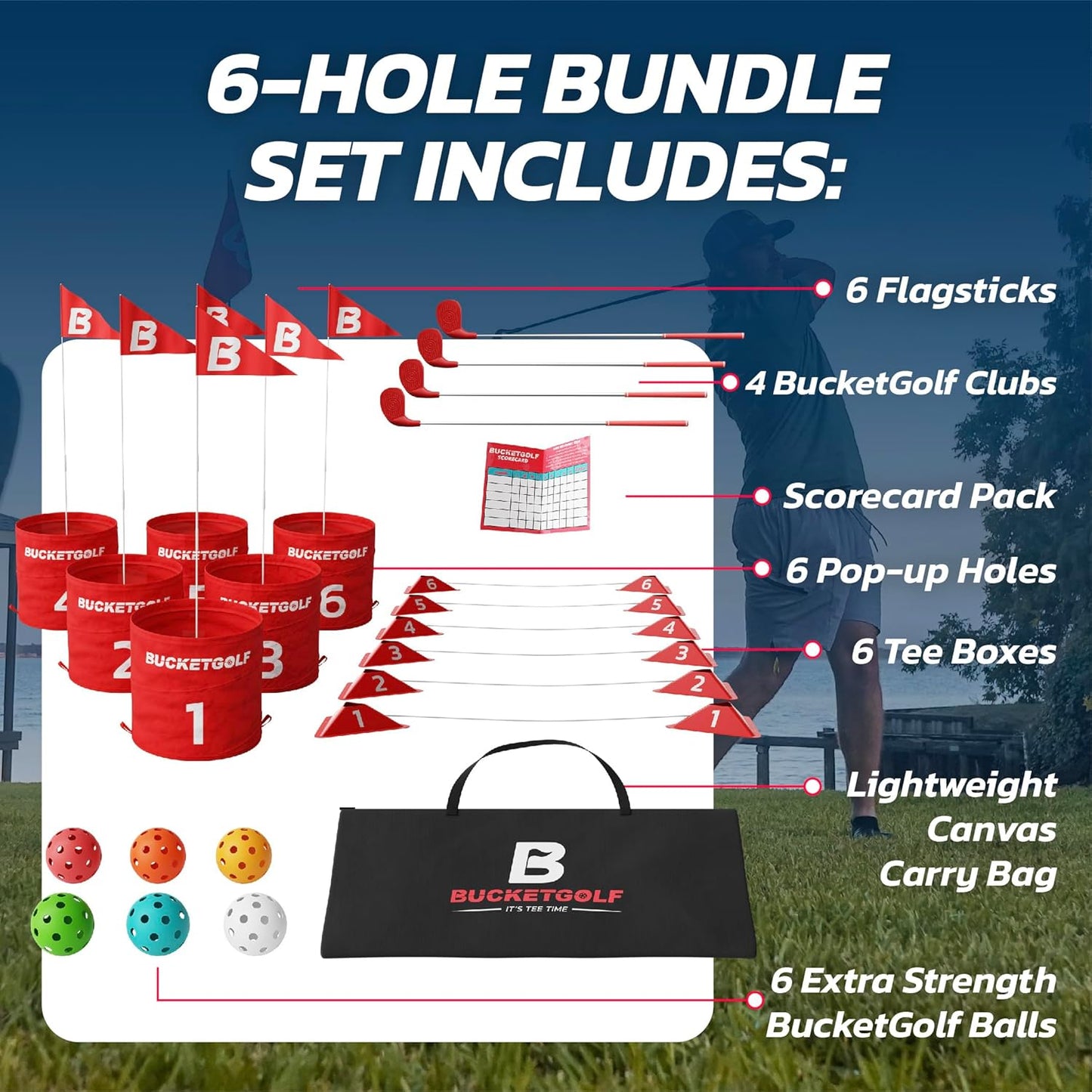 bucketgolf Game 6 Hole Bundle with Clubs - The Best Backyard Golf Game for All Ages and Levels Adults, Kids, Families, Schools, Yards, Parks, Beaches, Vacation. (4 Clubs (3 RH + 1 LH))