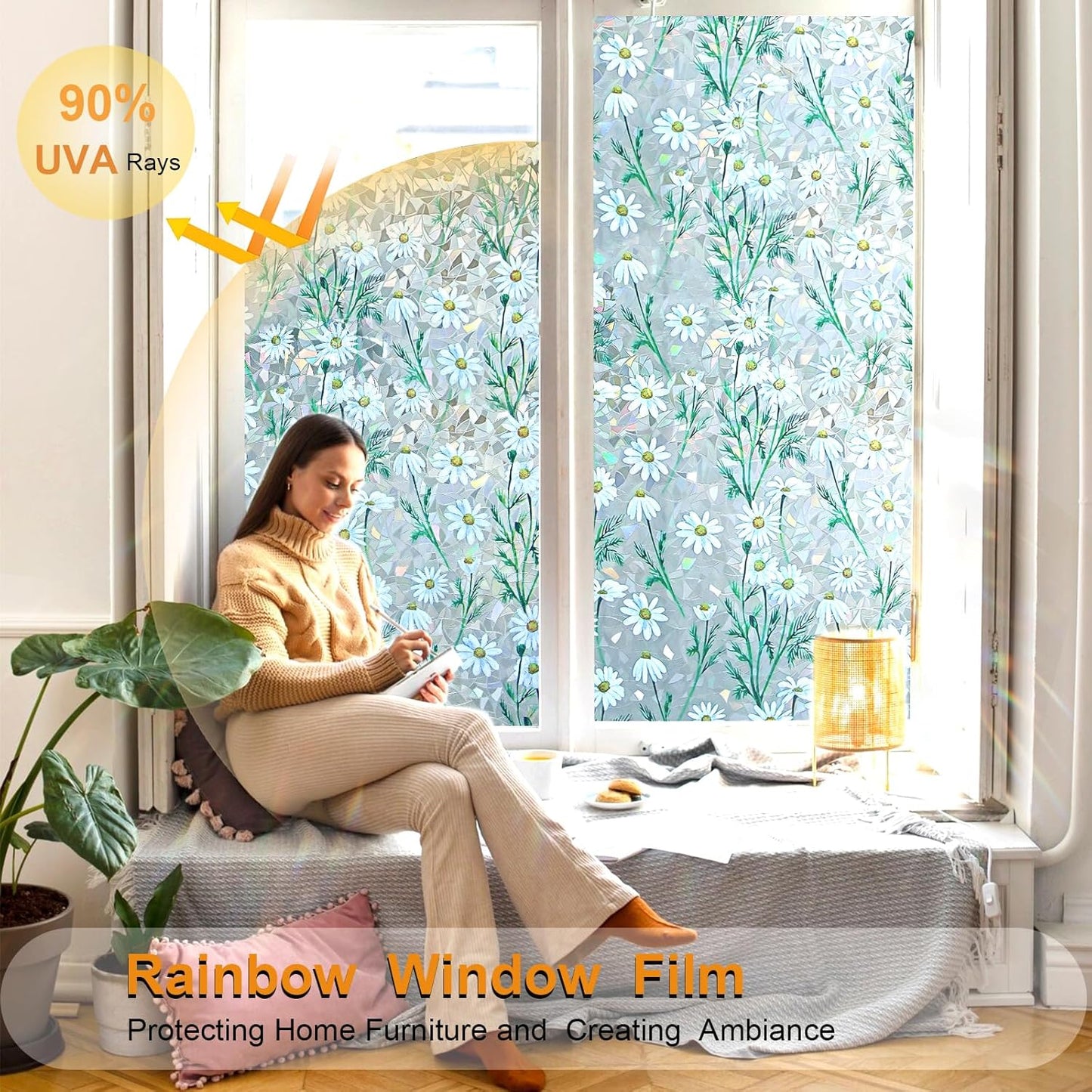 Window Privacy Film Stain Glass Window Film Rainbow Window Film Window clings Non-Adhesive Reusable Decorative for Room (Daisy Rainbow, 23.6 x 78.7 in)