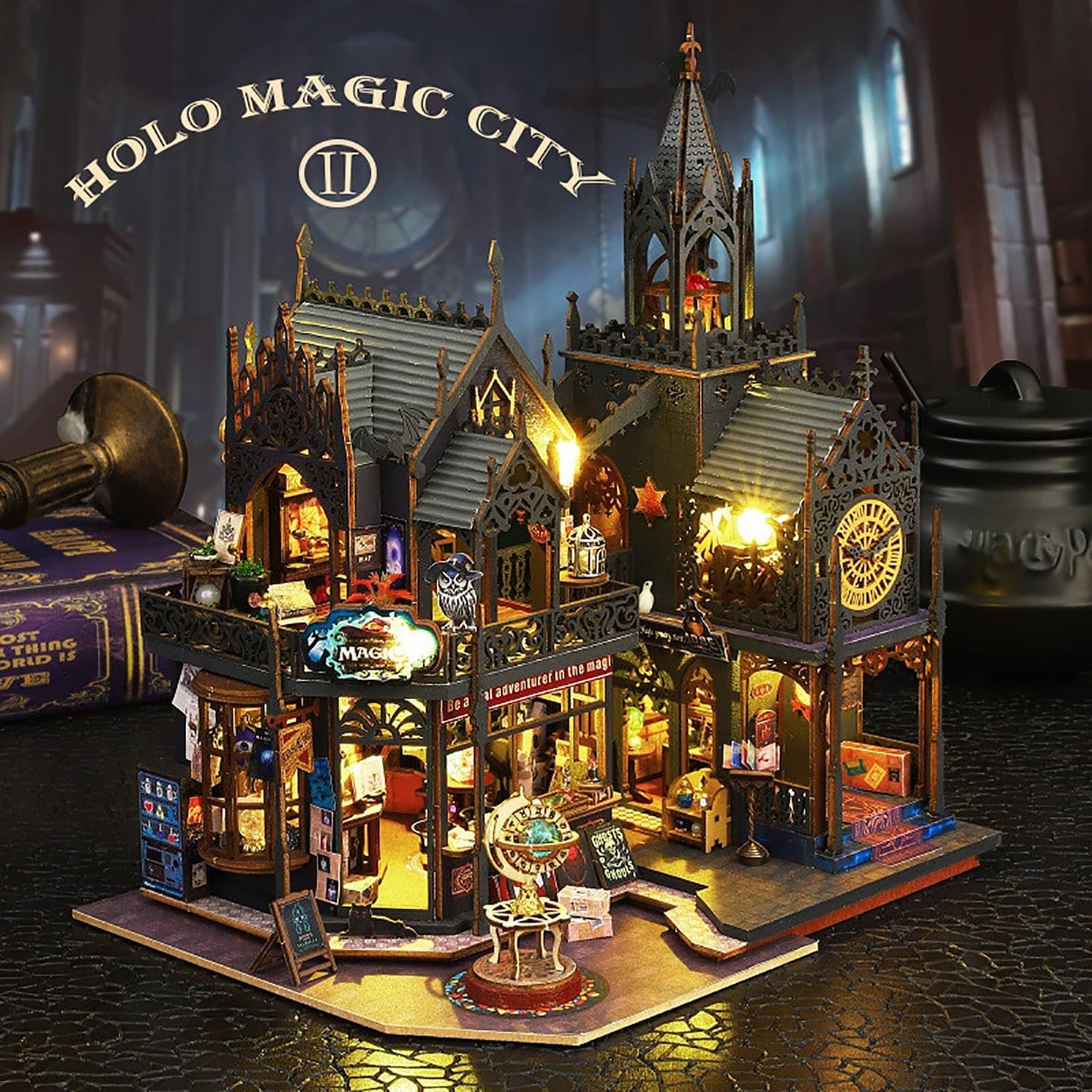 DIY Book Nook Kit - DIY Miniature Dolls House Kit with Furniture and LED Light, 3D Puzzle Wooden Art Bookends, Model Kits for Adults to Build (Holo Demon City)