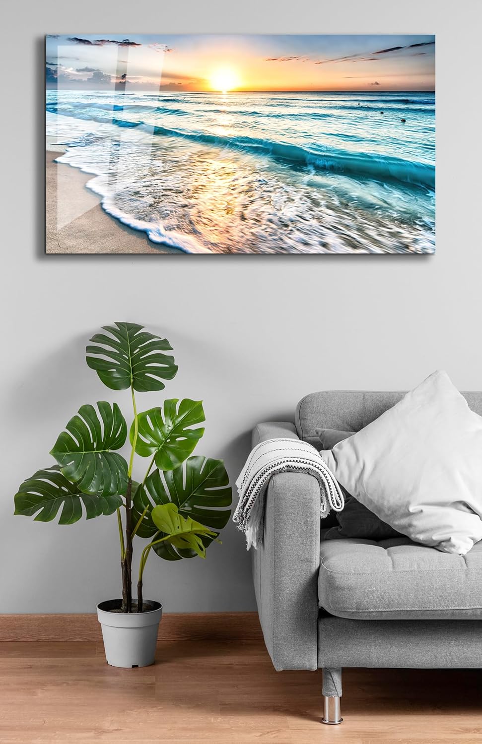 SpiritualHands Sea beach ocean white sand Tempered Glass Wall Art Painting for Living Room, Tempered Glass Modern Prints Decor, Large Vivid Color Panel for Bedroom, Kitchen, or Office