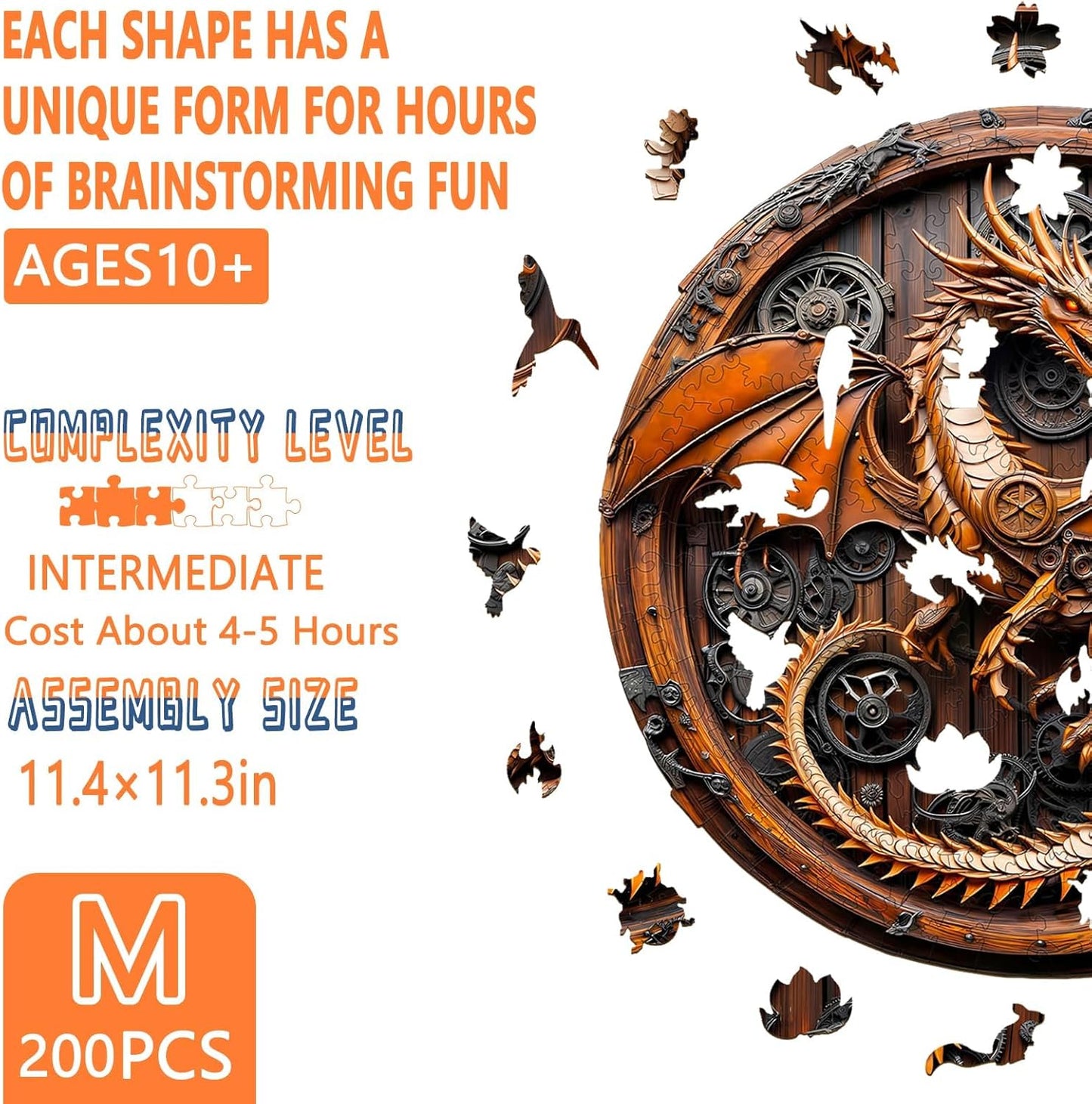 Wooden Puzzles for Adults, Mechanical Dragon Wooden Jigsaw Puzzles for Adults, Wood Puzzles Adult, Unique Animal Shape, Gifts for Friends and Family, Wall Art Canvas Puzzle (M -11.4*11.3in -200 pcs)