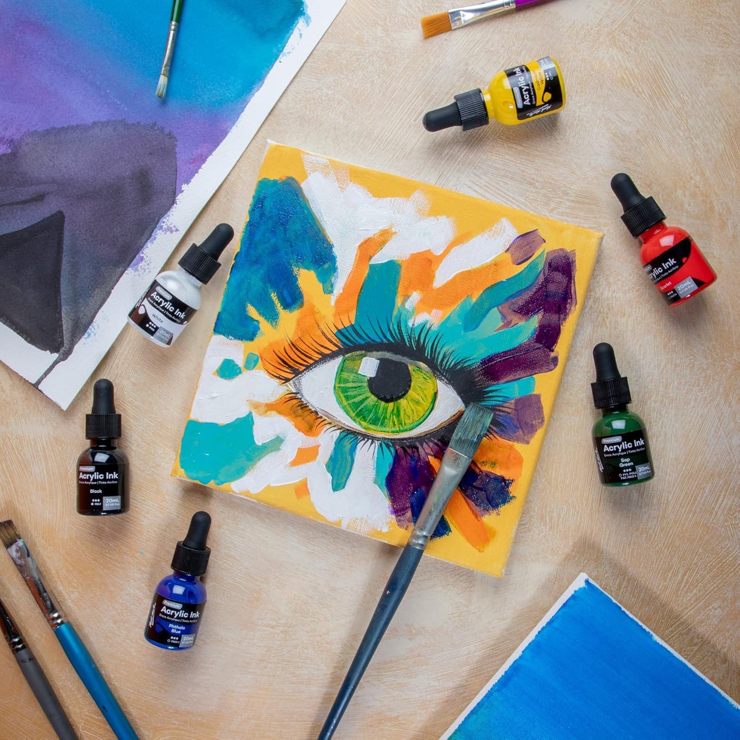 Mont Marte Acrylic Ink Premium 6pc x 20ml (0.7 US fl.oz), Acrylic Inks for Artists, Essential Colors, Ideal for Air Brush, Pouring Art, Scrapbooking, Ink Drawing, Mixed Media