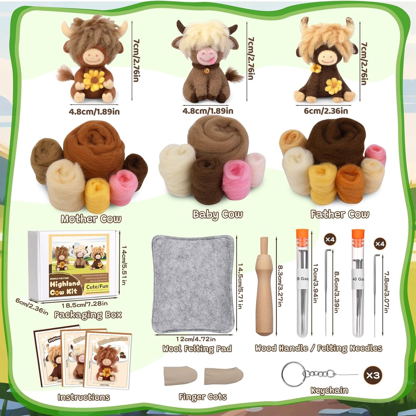 Yizzvb Needle Felting Kit, Highland Cow Family Needle Felt Beginner Kits with Instruction, Wool, Felting Needles, Felting Pad, Wool Felting Kits for Beginners Home Decoration