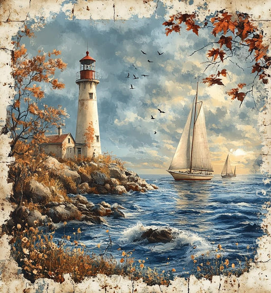 Moohue 14ct Counted Cross Stitch Kits for Adults Seaside Tower Boat Printed Stamped Cross Stitch Patterns Kits Cross Stitch Supplies (Seaside Tower Boat)