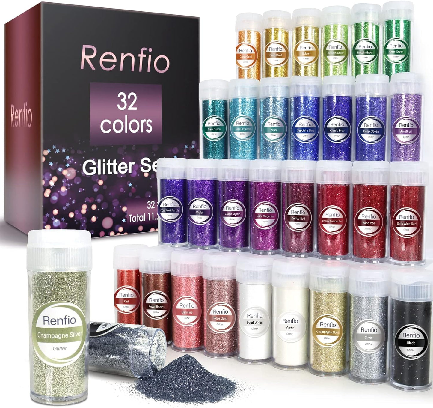 Renfio 32 Colors Glitter Set, 16.93oz 480g Ultra Fine Glitter Powder PET 1/128" 0.008" 0.2mm Resin Suppies Assorted Craft Glitter for Fake Nails, Resin Art, Tumblers, Slime, Hair, Bomb