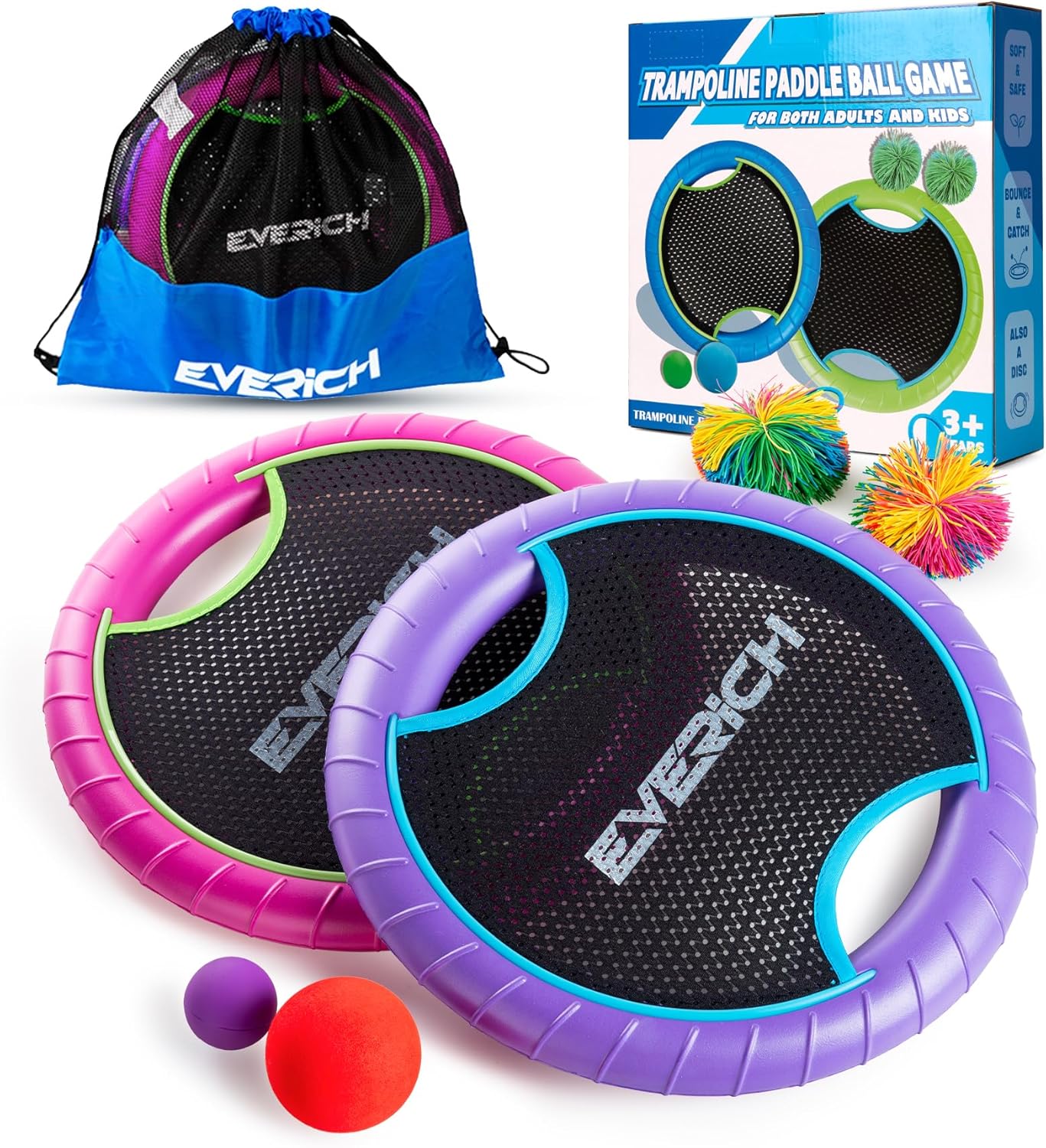 EVERICH TOY Trampoline Paddle Ball Set with 2 Bouncy Paddles & 4 Balls - Soft Foam Design for Kids Play Indoor Outdoor Beach Backyard Lawn - Great Gift Idea for Boys & Girls (Pink & Purple)