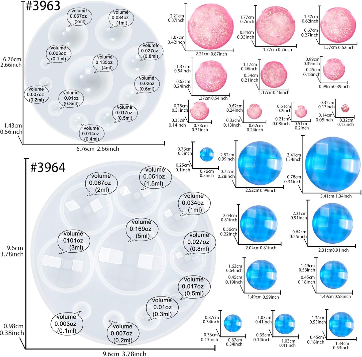 Mini Dome Cabochon Gemstone Pastry Silicone Mold for Cake Decoration, Cupcake Topper, Polymer Clay, Crafting, Resin Epoxy, Jewelry Making 2 Bundle Circle and Faceted, 20-Cavity