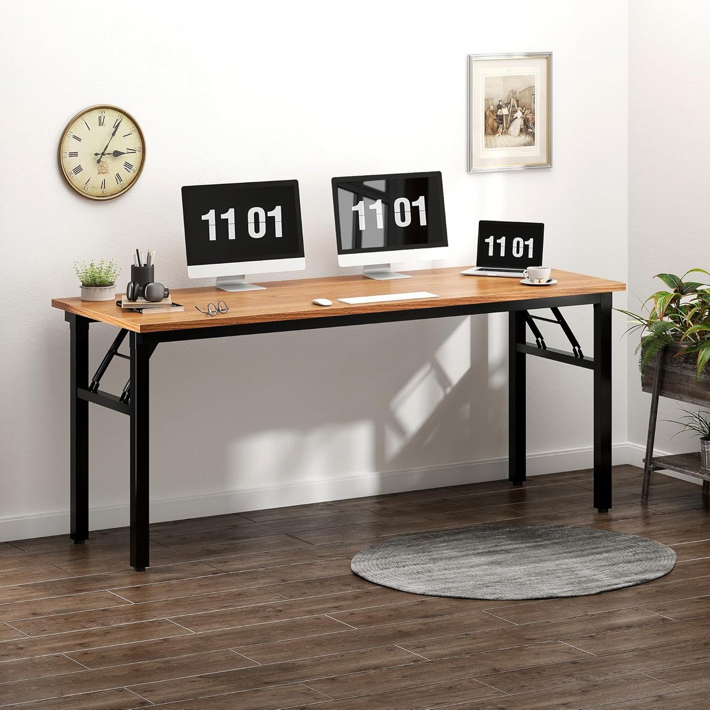 Need Computer Desk Office Desk 62 inches Folding Table with BIFMA Certification Computer Table Workstation No Install Needed, Teak AC5BB-157