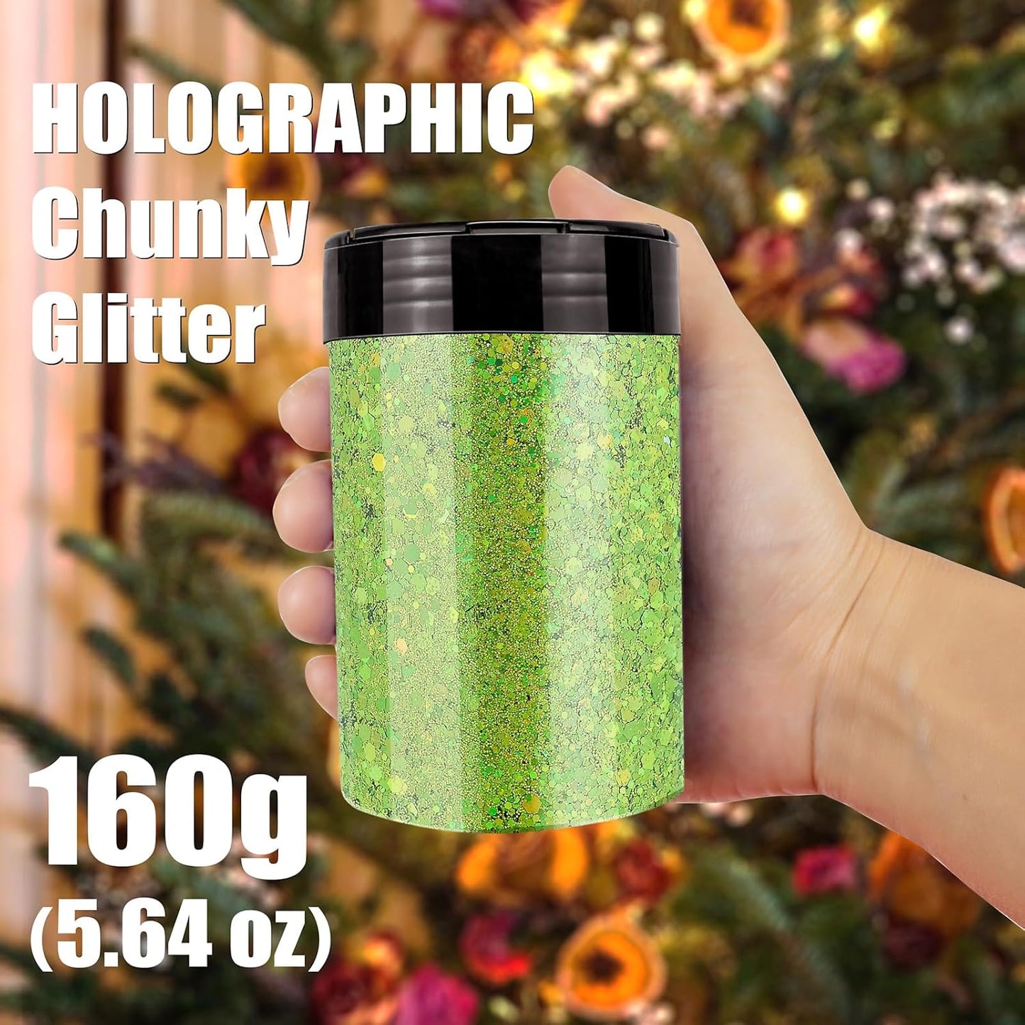Holographic Chunky Glitter, 5.64oz/160g Extra Fine Glitter Powder Mixed Chunky Flake, Iridescent Sequins Bulk for Nail Art, Crafts Epoxy Resin, Festival Glitter for Party Decor (Dazzling Green)
