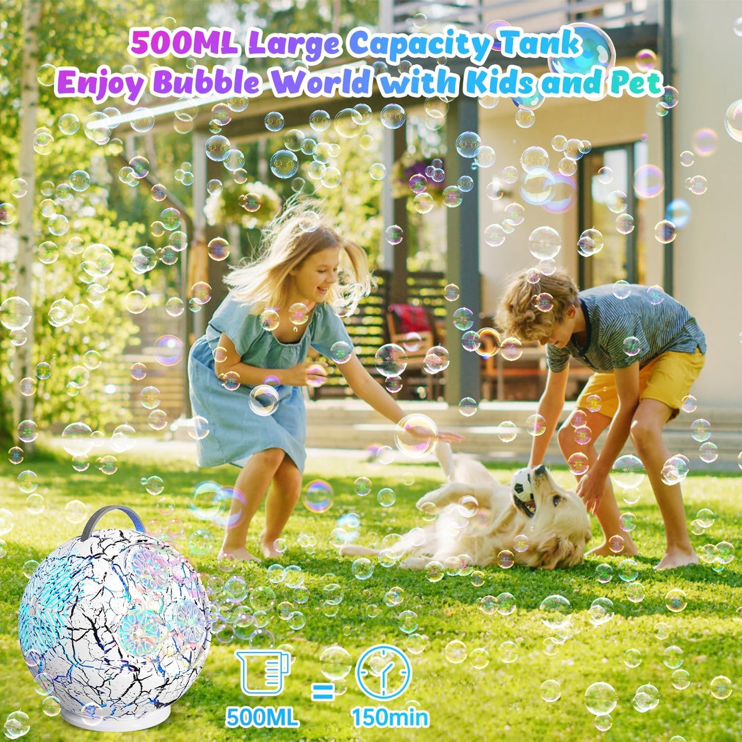 Bubble Machine for Kids Toddlers,45°/360° Rotatable Spherical Bubble Maker Toy with LED Light,Rechargeable Bubble Blower for 3 4 5 Year Old,Wedding Party Easter Birthday Gifts -Spherical White Crack
