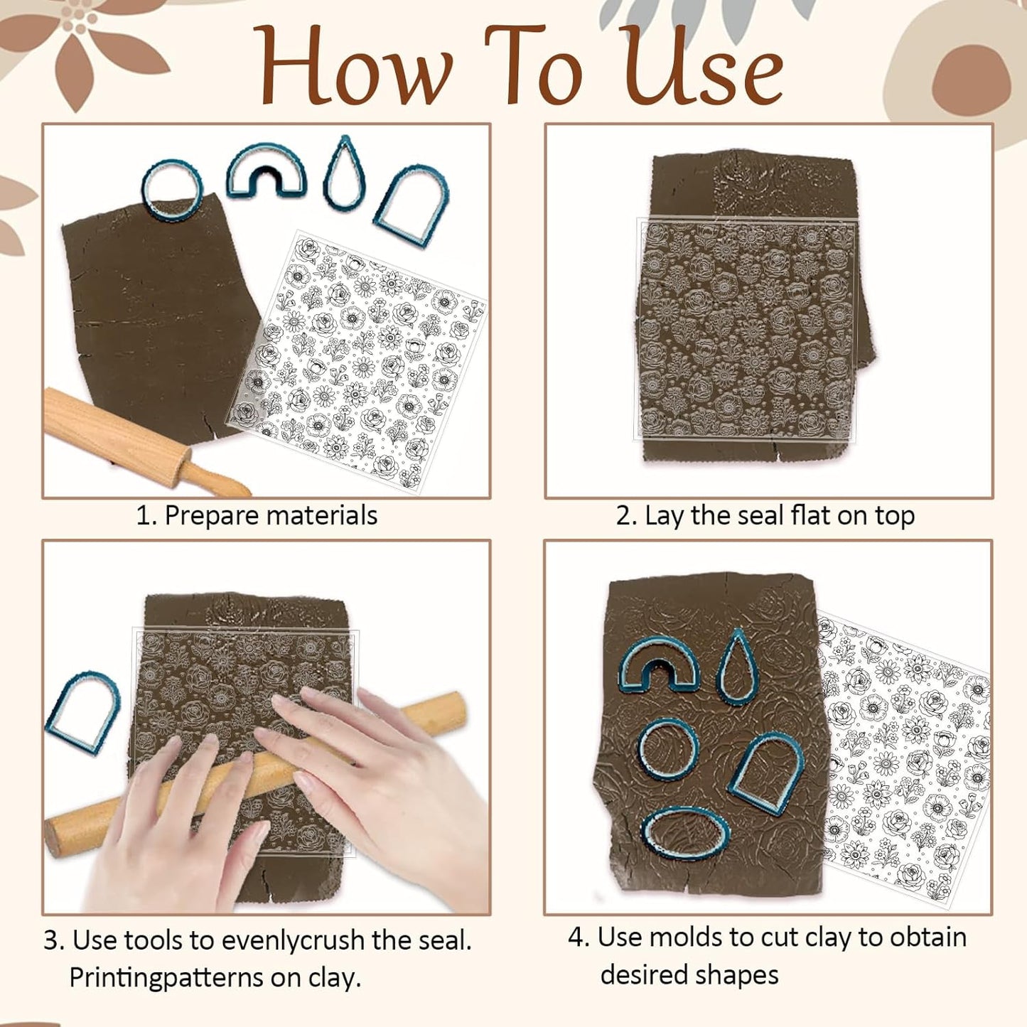 CHGCRAFT 4 Sheets 4 Styles Wildflowers Polymer Clay Texture Sheets Bushes Silicone Texture Stamp Hummingbirds Modeling Pattern Pad Texture Sheets for Making Earrings Jewerly, 5.5x5.5 inch