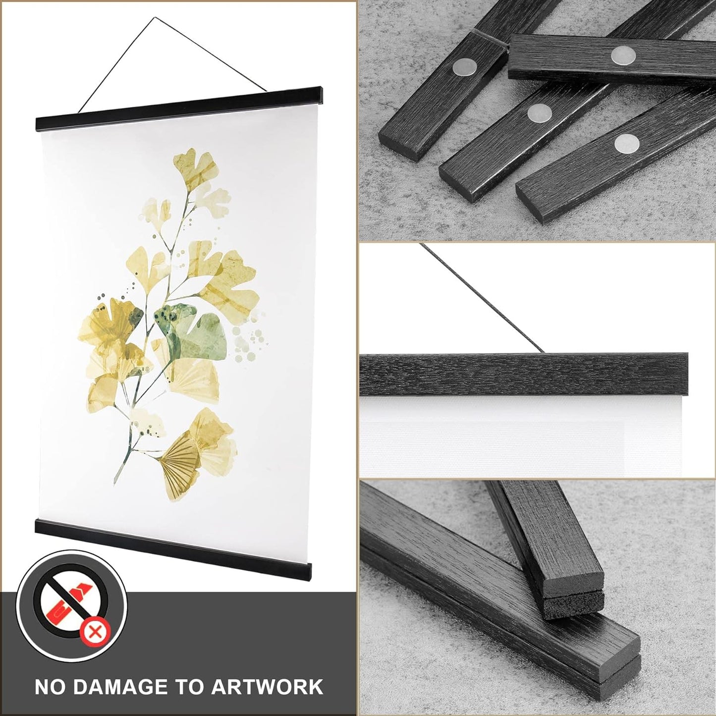 WITCOLOR Magnetic Poster Hanger, 17x11 17x24 17x17 Poster Frame Wood Wooden Magnet Print Posters Dowel Scroll Hanger Hangers Hanging Kit for Walls Map Canvas Artwork (Black Wood, 17", 1 Pack)